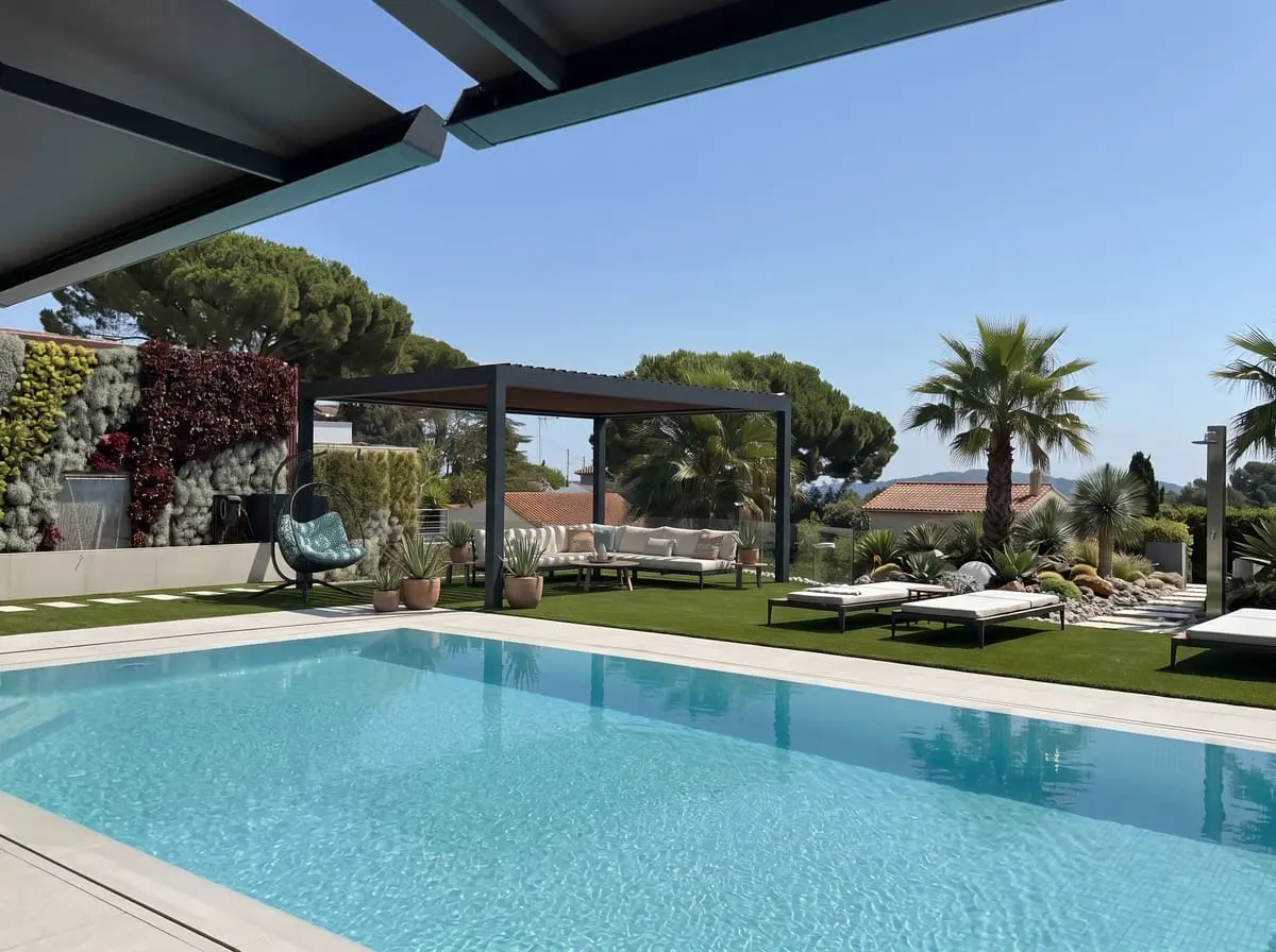Pérgola bioclimática autoportante junto a la piscina en un jardín