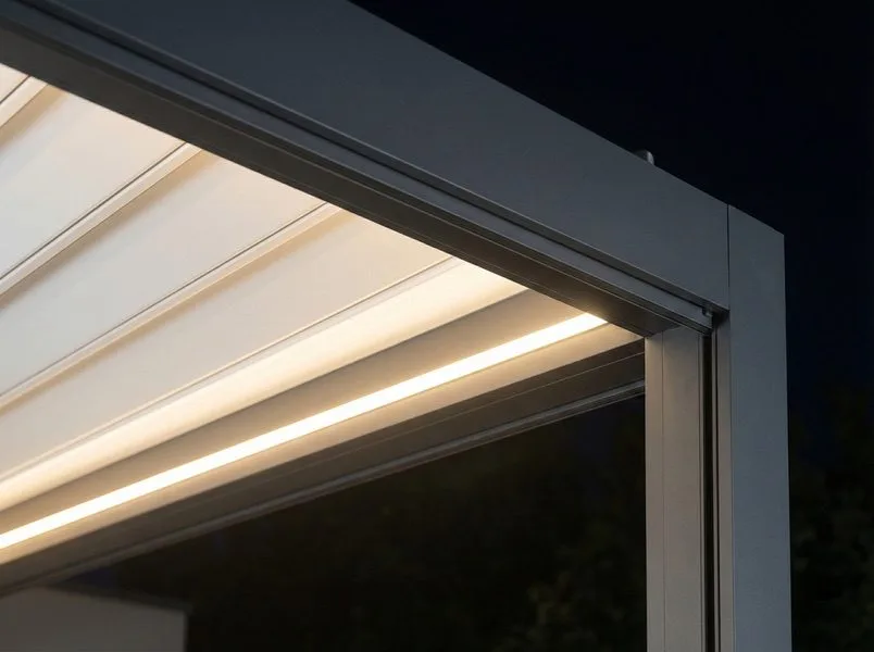 Detalle de la iluminación LED perimetral integrada en una pérgola CERCA de noche